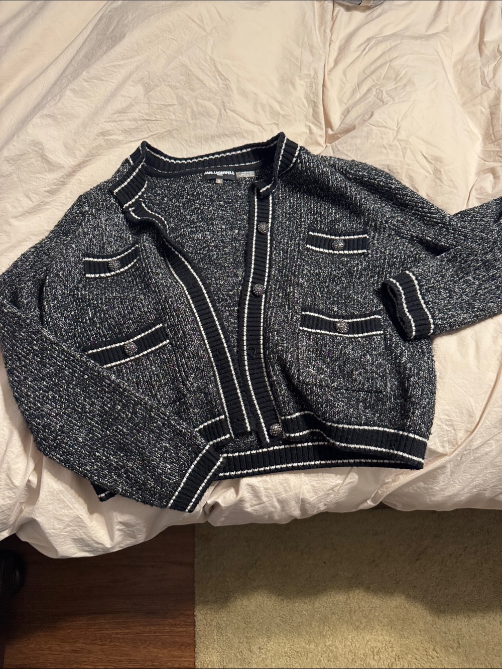 Karl Lagerfeld Black & White Tweed-Style Button Cardigan
